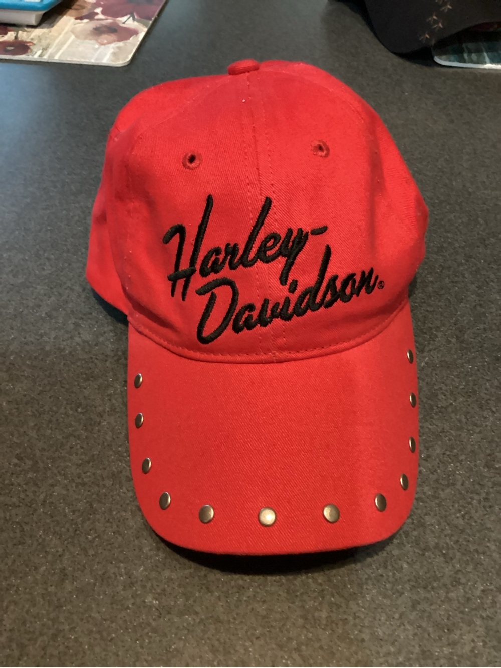 Harley-Davidson Red Cap with Black Script and Silver Studs